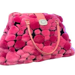Retro Barbie Pink Pom Pom Puff Tote Bag Double Handle Snap Closure 21.5" x 13"